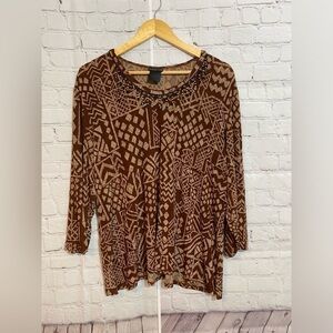 Citiknits Top Cute Brown Tribal Beaded Slinky Stretch Travel Knit Popover Shirt